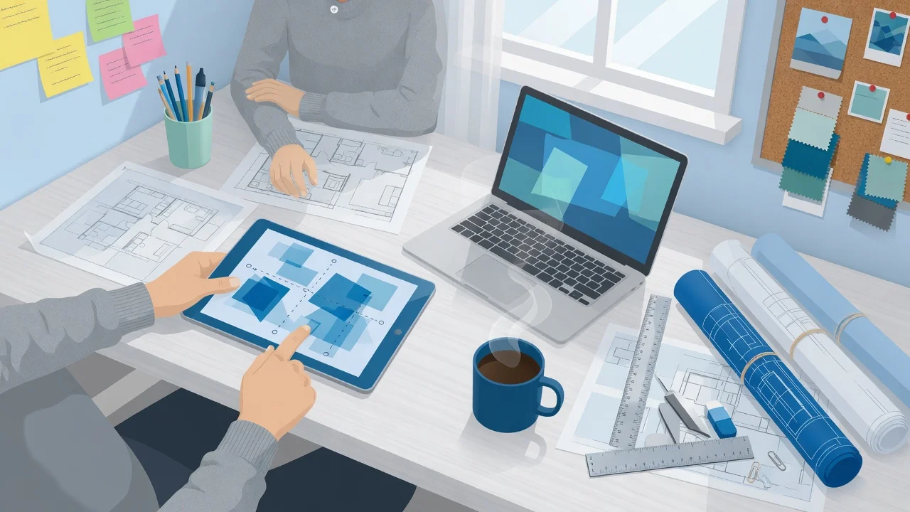 Estimators reviewing floor plan takeoff quantities on a tablet and laptop at a shared desk