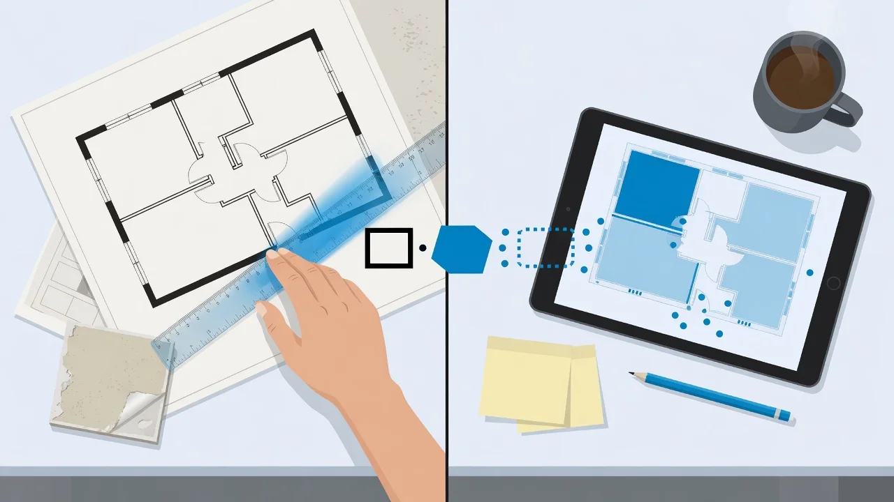 Measuring scale on a paper plan, then capturing areas and counts on a digital tablet