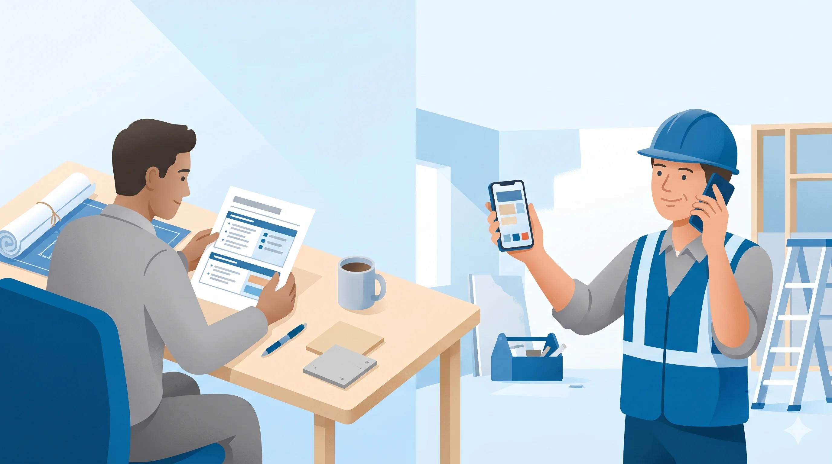 Trades estimator reviewing a scope of work document while a general contractor responds on a phone at a job site