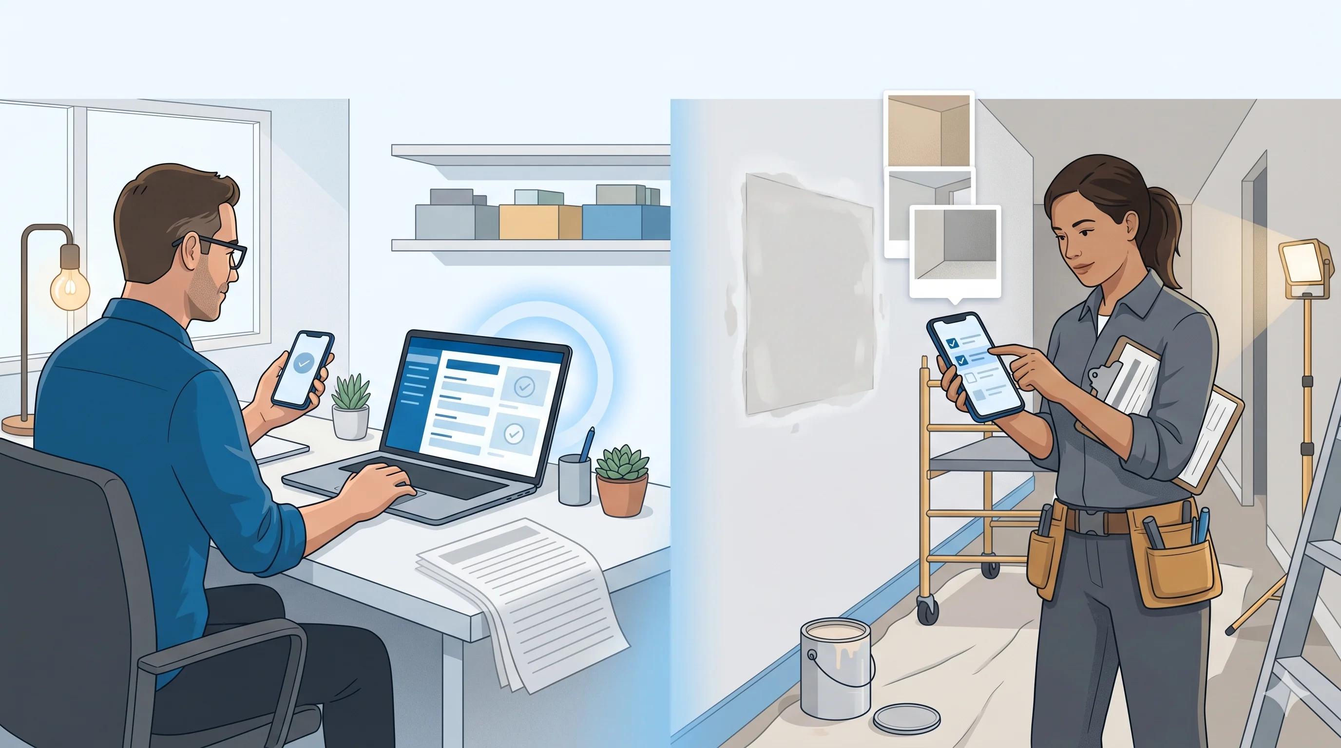 Office coordinator assigning a restoration work order to a field technician on a mobile device